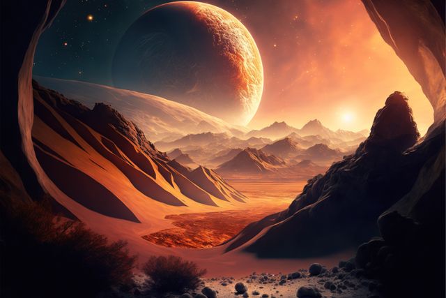 This detailed representation depicts a surreal extraterrestrial landscape with large orange mountains set under a starry sky. A prominent planet is visible in the sky, adding a sense of cosmic wonder. The warm, dramatic lighting emphasizes the alien environment, making it suitable for use in science fiction projects, book covers, wallpapers, and promotional materials for space and fantasy themes.