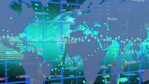 Digital Financial Data Over World Map in Blue Palette