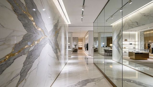 Luxury boutique showcasing polished marble walls with gold veins and glass reflections