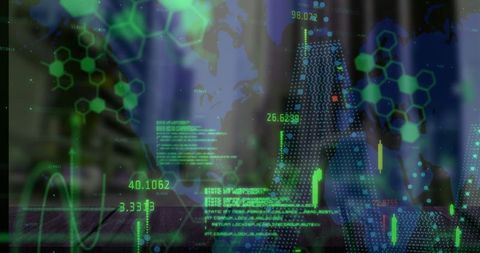 Global network data overlay on office desk with visualization elements