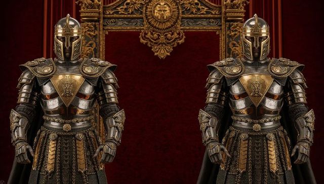 Twin Ceremonial Knights Standing in Gilded Hall with Ornate Heraldic Armor and Velvet Backdrop