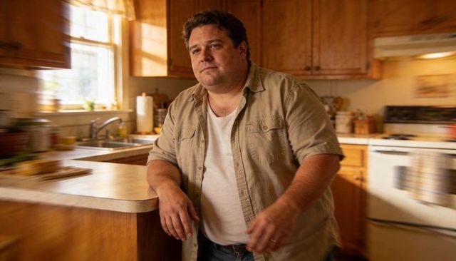 Contemplative adult man leaning on sunlit wooden kitchen peninsula, domestic moment