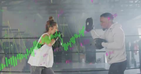 Boxing coach guiding boxer through mitt work and footwork drills with live data overlay