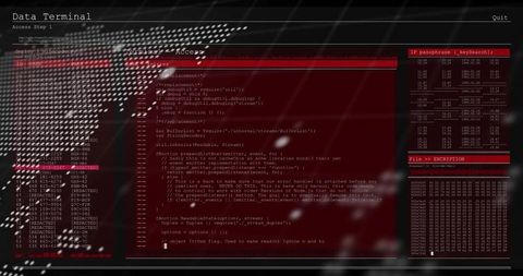 Red Cyber Terminal Interface Showing Encrypted Hex Dump, User ID List and Code Console