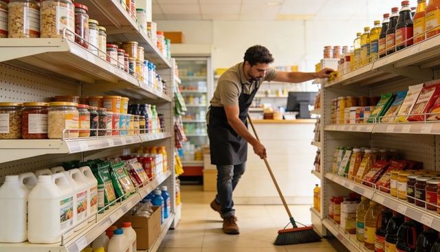 Grocery worker sweeping aisle wearing apron cleaning retail shelves polishing floor