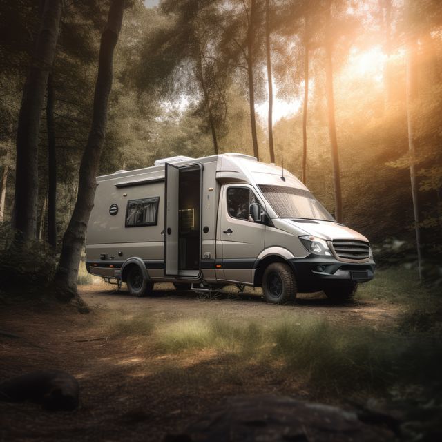 White camper van with sunlight and trees in forest created using generative ai technology. Transport, travel and camping concept digitally generated image.