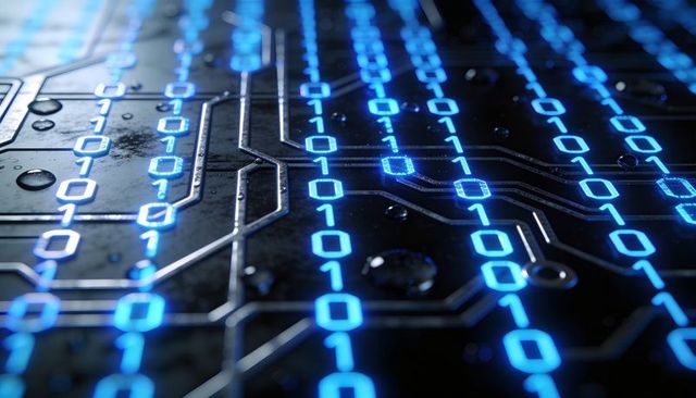 Glowing Blue Binary Stream Over Circuit Board Macro Close-Up with Copper Traces