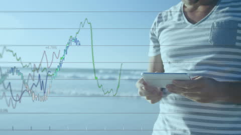 Financial Data Processing with Smartphone and Beach Background