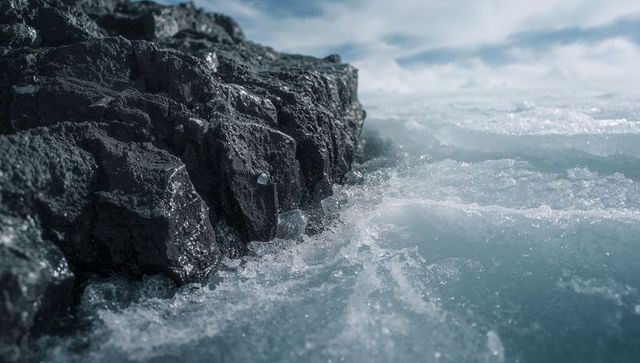 Jagged rock meeting sea ice on icy coastline with crystalline frost and overcast sky