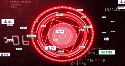 Displaying central red HUD ring neon analytics counters cyberpunk futuristic interface