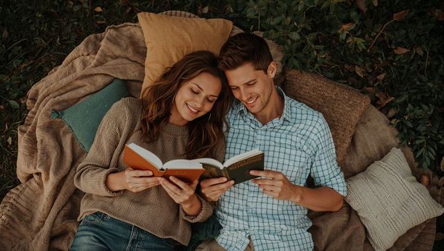Young couple reading together on picnic blanket outdoors, cozy romantic autumn moment