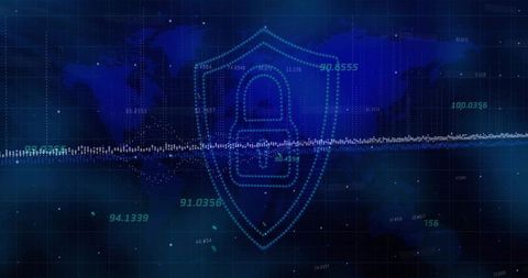 Dotted Shield with Padlock Over Global Grid Showing Cybersecurity Analytics and Telemetry