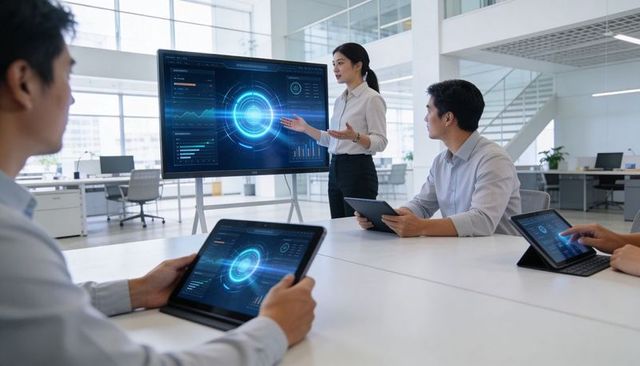Team presenting ai dashboard on display while colleagues using tablets in bright office