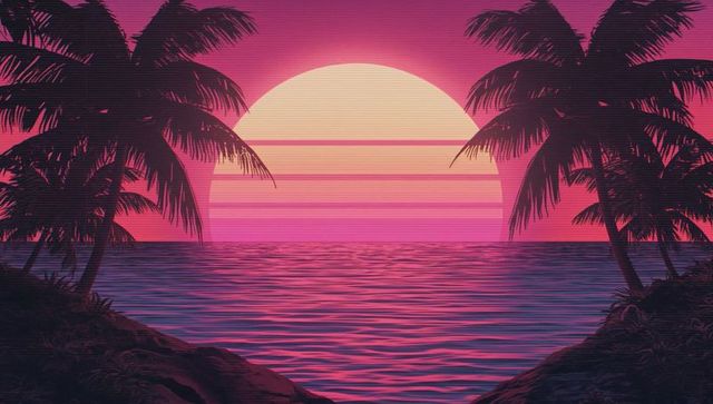 Tropical sunset with glowing sun and silhouetted palm trees