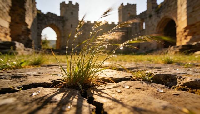 Dew-drenched grass pushing through cracked castle flagstone with sunlit medieval ruins