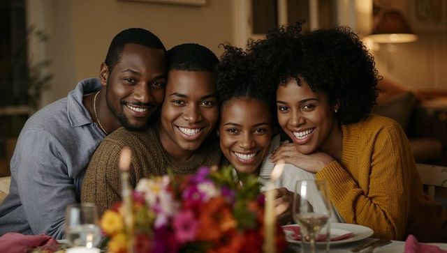 Smiling friends enjoying cozy candlelit dinner with floral centerpiece and warm sweaters