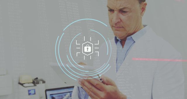 Image of security padlock icon over caucasian senior male doctor using digital tablet. Cyber security and medical healthcare technology concept