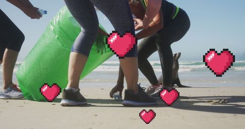 Coastal clean-up with digital love icons on sunny beachfront