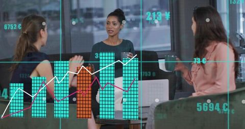 Team discussing data-driven strategy with charts and analytics overlay in modern lounge