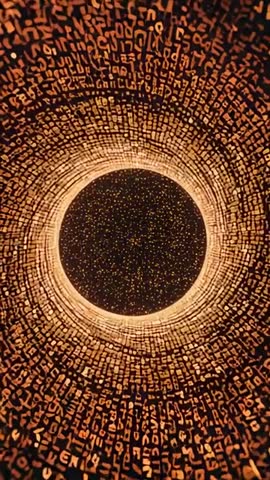 Pulling Back Camera Revealing Amber Glyph Ring and Starfield Depth in Vertical Installation Video