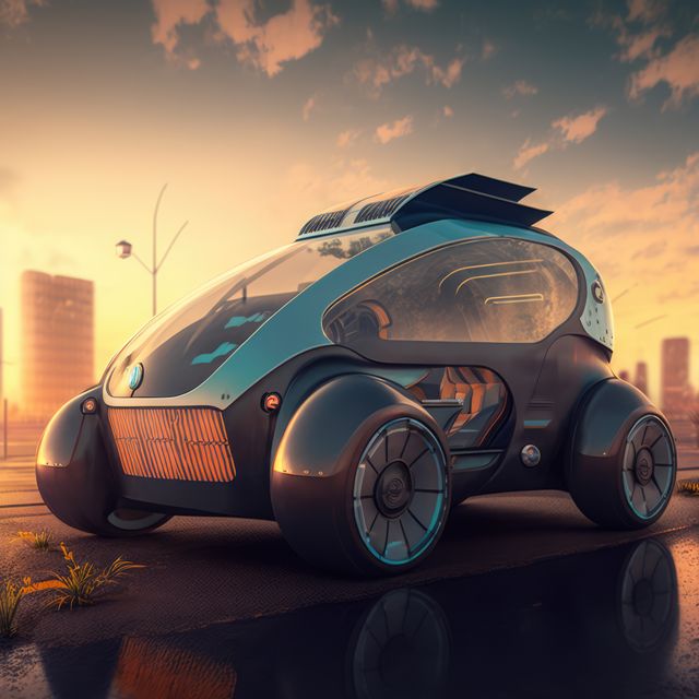 Depicting a cutting-edge autonomous electric vehicle in an urban setting during sunset. Ideal for advertisements or articles focused on futuristic transportation, sustainable technology, electric vehicles and innovation in the automotive industry.