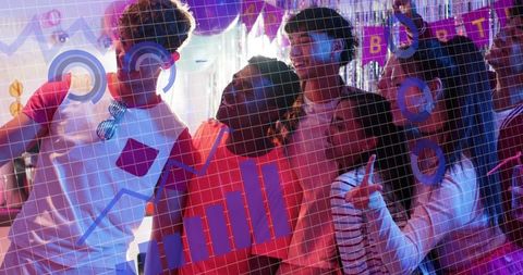Friends leaning together celebrating birthday with neon lights and fringe backdrop