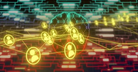 Neon brain hologram connecting user nodes in cyber network, ai neural network visualization