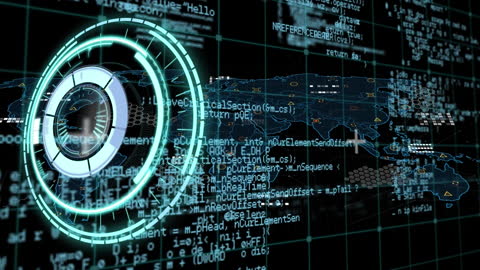 Futuristic Digital Interface with Neon Scanner and Global Data Visualization