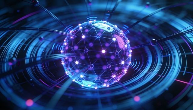Glowing geodesic sphere emitting neon light with radial rings and nodes