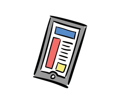 Illustrative digital tablet displaying colorful article on transparent background