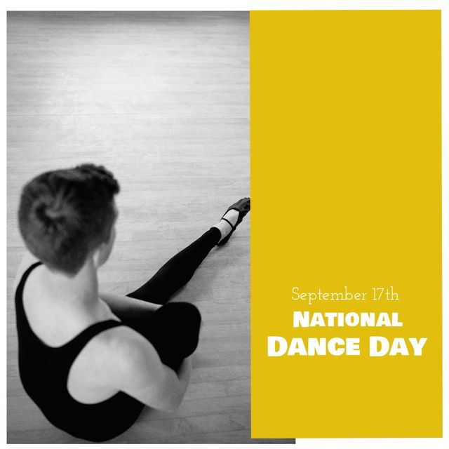 Perfect for promoting National Dance Day on September 17th, this image captures a Caucasian male ballet dancer in a stretchy pose, emphasizing both the grace and strength required in ballet. The bright yellow background and text make it ideal for use in advertisements, social media posts, event flyers, or dance school promotions, celebrating both the dancer's form and the joy of dancing.