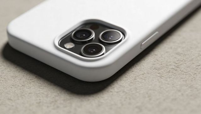Macro closeup of white smartphone case showing triple-lens camera module and flash