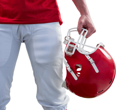 Football player holding helmet on transparent background