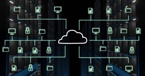 Cloud network projecting neon cyan connections across datacenter racks for cybersecurity