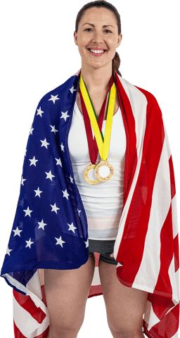 Female Athlete With American Flag and Gold Medals