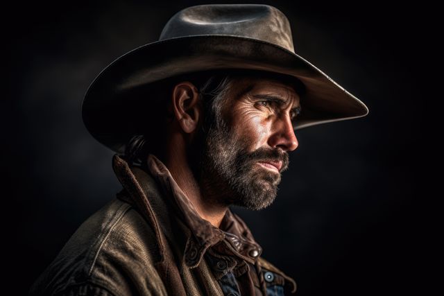 Close-up of a rugged cowboy in a hat with intense expression, showing strong masculinity and determination. Ideal for advertisements, posters, or articles looking to capture Western themes, strength, and resilience.