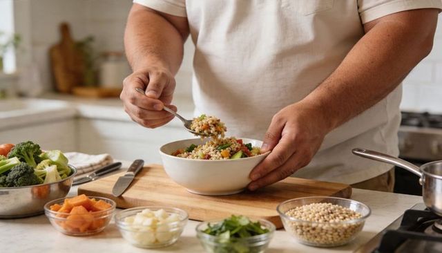 Home cook preparing healthy grain bowl with vegetables in bright minimalist kitchen