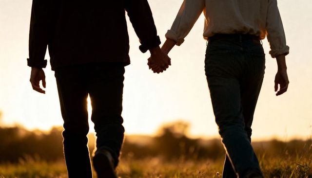Romantic couple walking holding hands at sunset golden hour backlit silhouette meadow