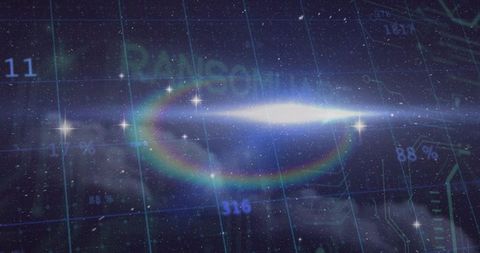 Luminous galactic core with iridescent halo, futuristic hud grid and numeric overlays