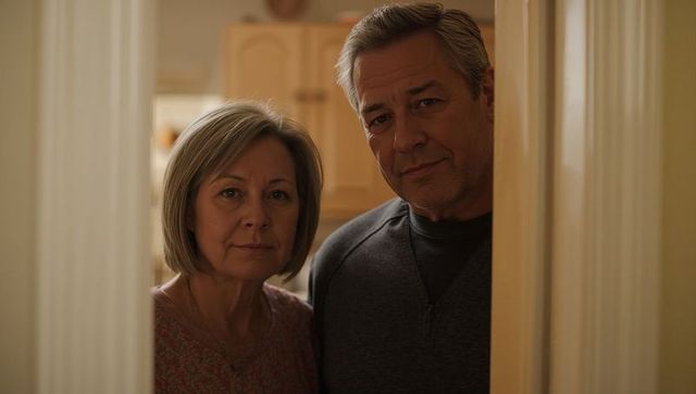 Senior couple standing in doorway sharing warm intimate home moment in cozy kitchen