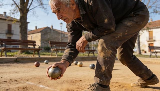 Elderly man playing bocce on rustic village court aiming metal boule with focus