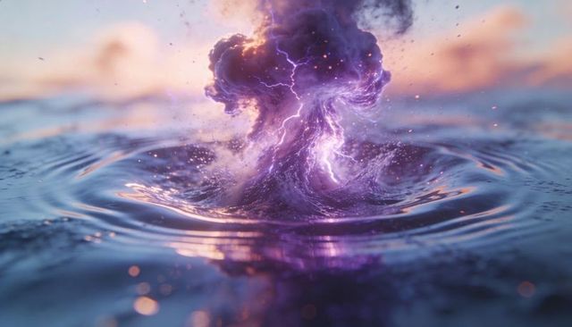 Purple Vortex Rising From Calm Ocean With Lightning and Luminous Magenta Reflections