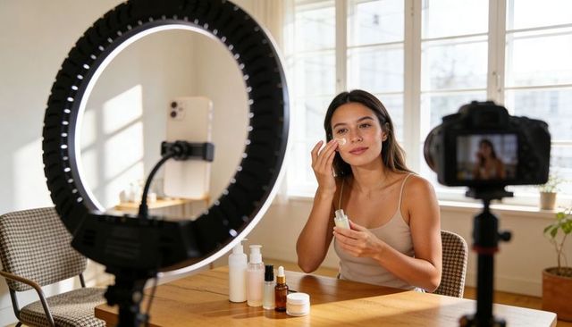 Beauty creator filming skincare routine with ring light and dslr for social content