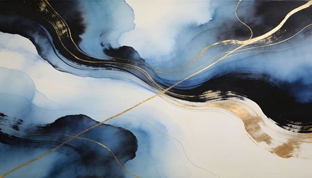 Flowing indigo and gold fluid art panel, elegant abstract waves for modern interiors
