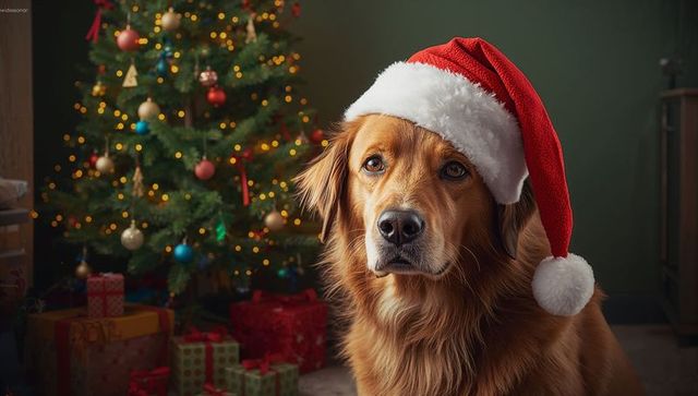 Dog Wearing Santa Hat Near Christmas Tree with Twinkling Lights