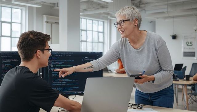 Senior mentor guiding junior developer through code review in bright open office