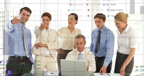 Corporate team reviewing live financial analytics on laptop with charts and dashboard overlay