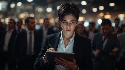 Businesswoman analyzing data on tablet at press release convention