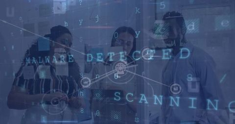 Diverse Team Analyzing Cyber Security Alerts with Digital Interface