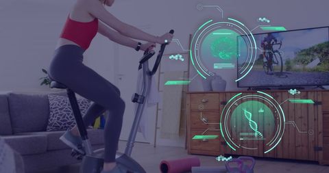 Digital fitness interface overlay on home exercise biker